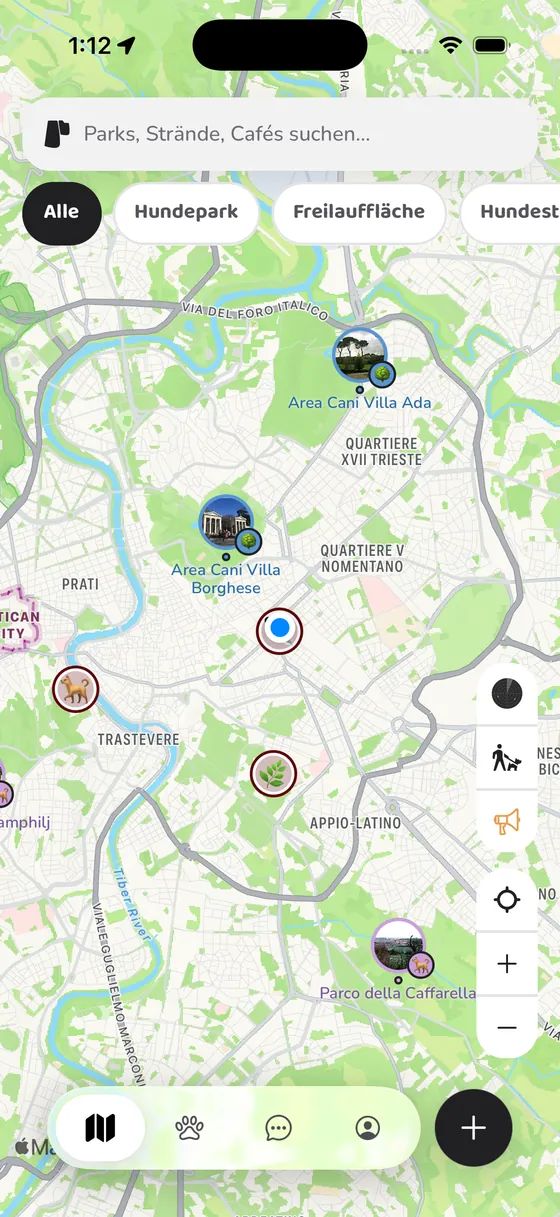 Die PawFriend-Karte von Rom: Hundeparks mit Fotos, ein Park und Gefahrenmeldungen