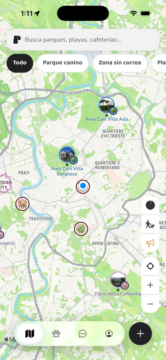 El mapa de PawFriend en Roma: parques caninos con fotos, un parque y avisos de peligro