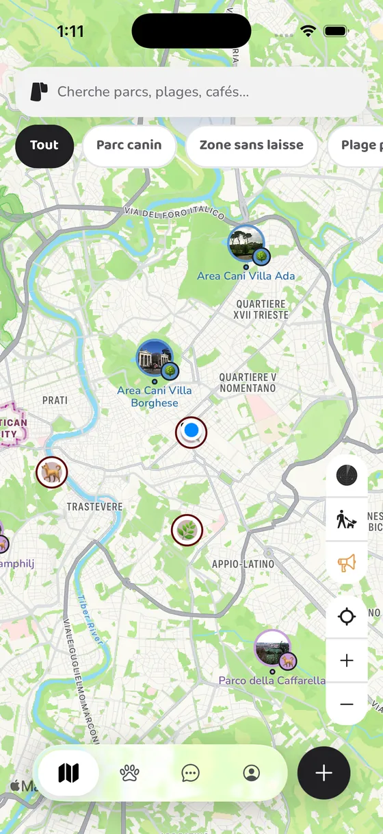 La carte PawFriend de Rome : parcs canins avec photos, un parc et des signalements de danger