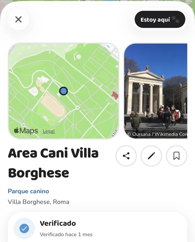 La ficha de un parque canino en PawFriend: mapa, foto, categoría y última verificación