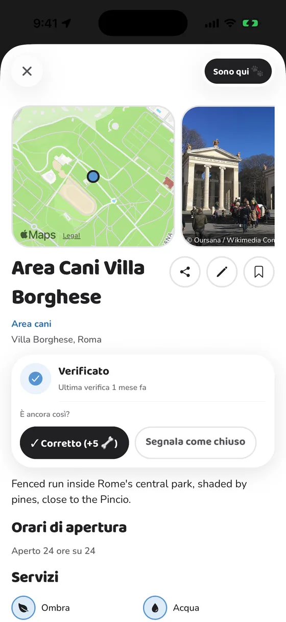 La scheda di un'area cani in PawFriend: mappa, foto, orari e ultima verifica