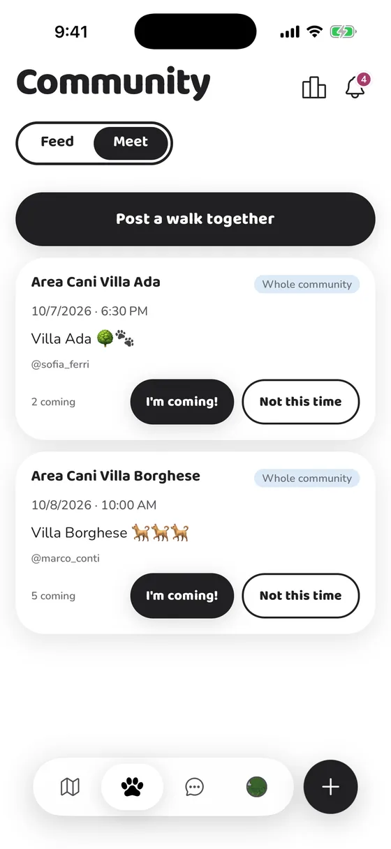 Group walks in PawFriend: two walks in Rome parks with buttons to join