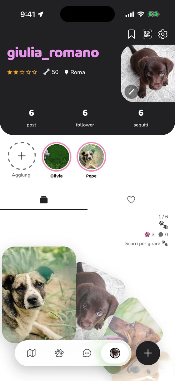 Un profilo PawFriend con due cani, Olivia e Pepe, e un mazzo di foto